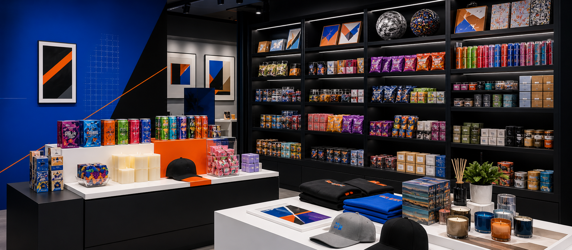 Generated shelf scene with imported drinks, candy, cookies and colorful snack finds