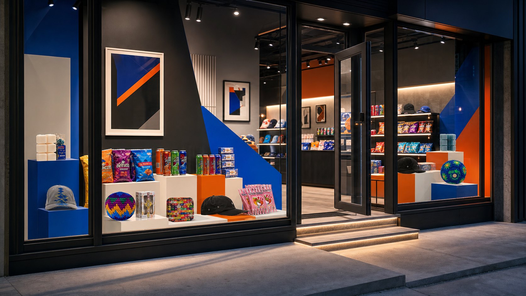 Generated storefront display with colorful local shop finds